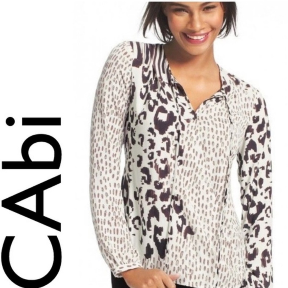 CAbi Animal Print Faux Wrap Scoop neck Long Sleeve Blouse - Picture 1 of 11